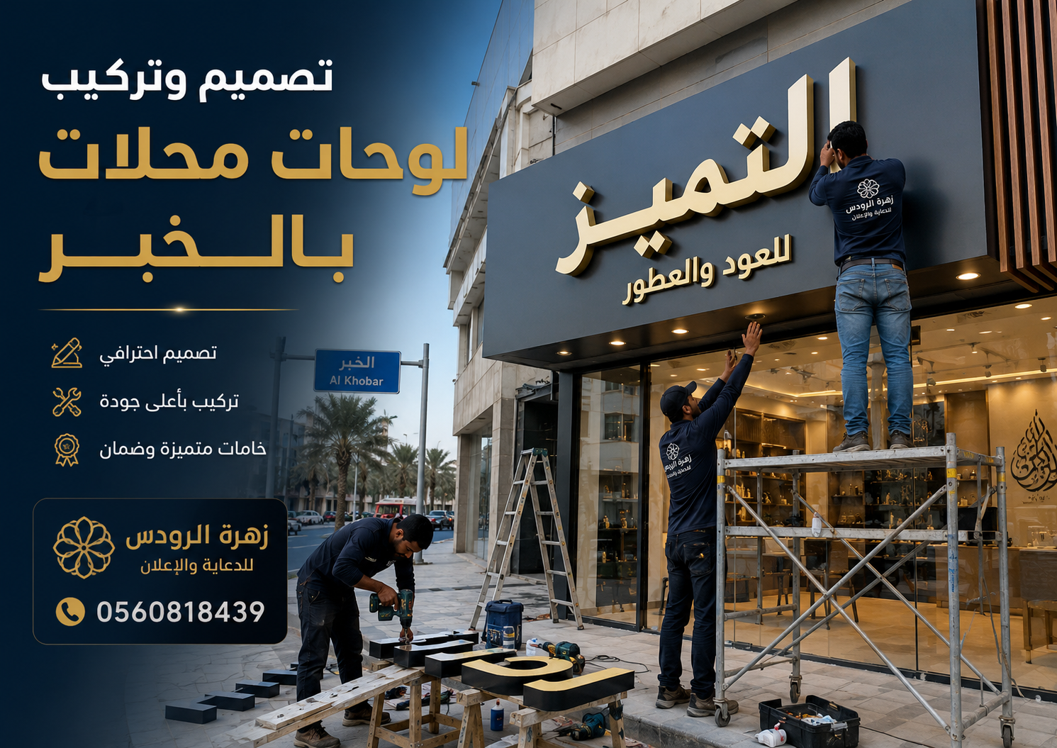تصميم وتركيب لوحات محلات بالخبر من زهرة الرودس