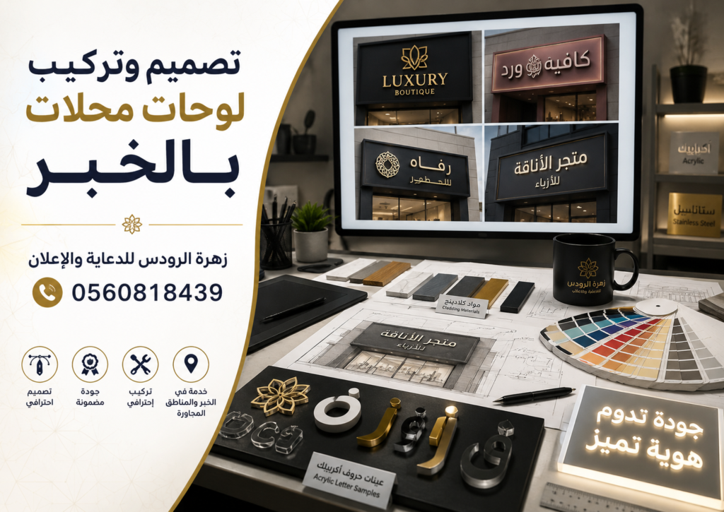 تصميم وتركيب لوحات محلات بالخبر من زهرة الرودس